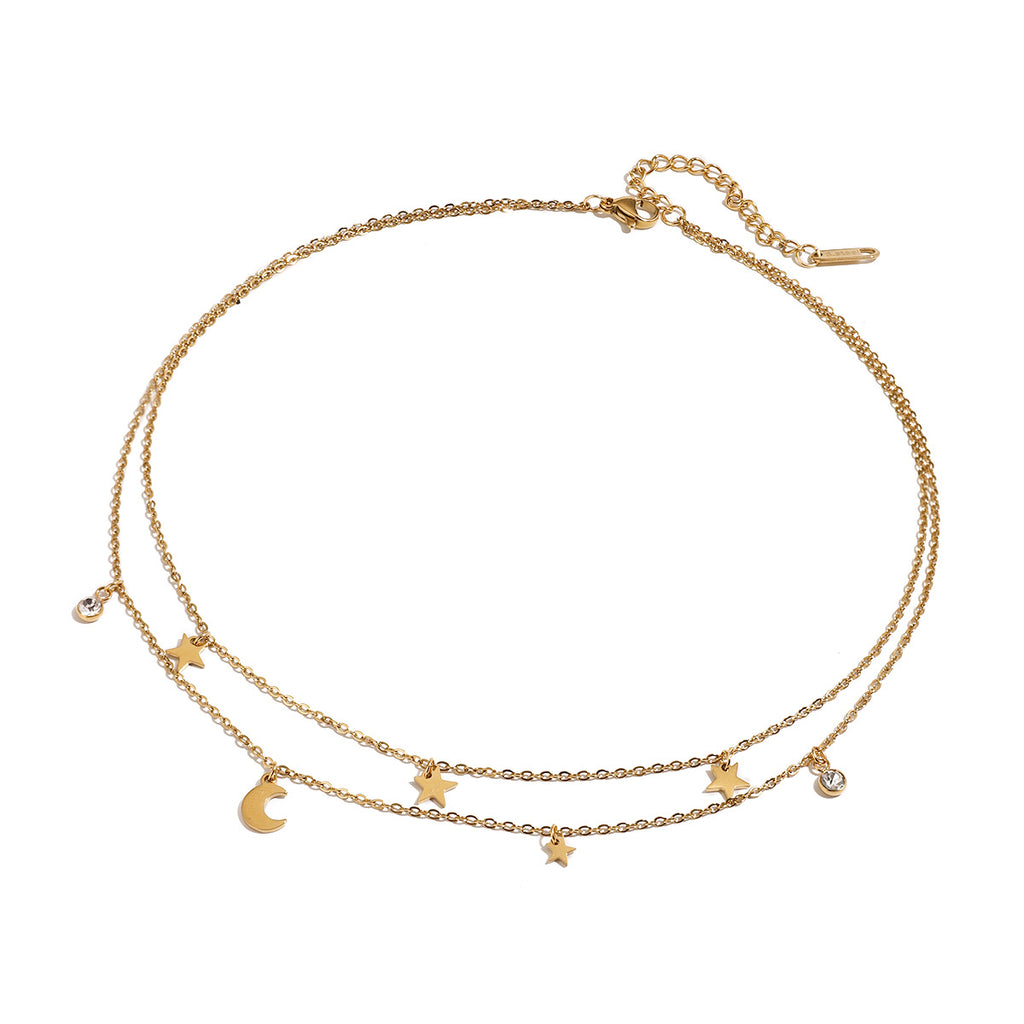 Damen Halskette mit funkelnden Stern- und Mondanhängern aus hypoallergenem Edelstahl Shop Nory