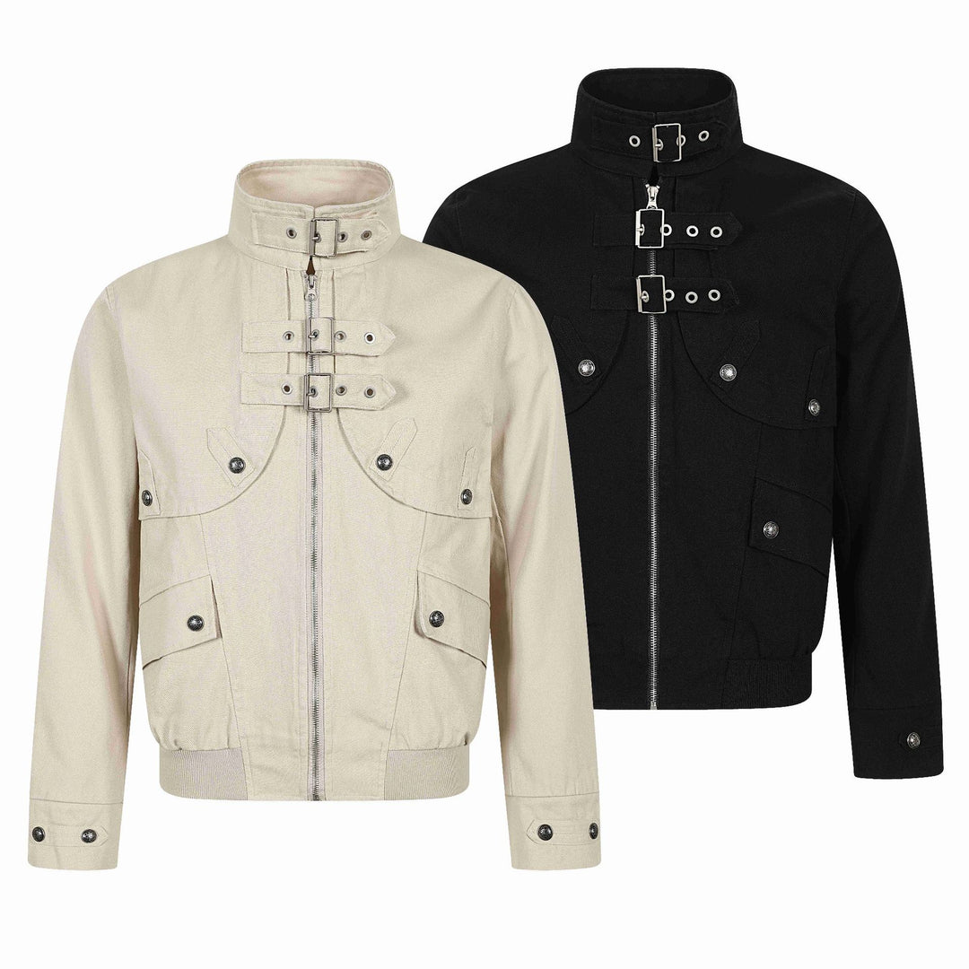 Unisex Kurz geschnittener Canvas-Fieldblouson mit Schnallenblende, Utility‑Taschen und hohem Stehkragen Shop Nory