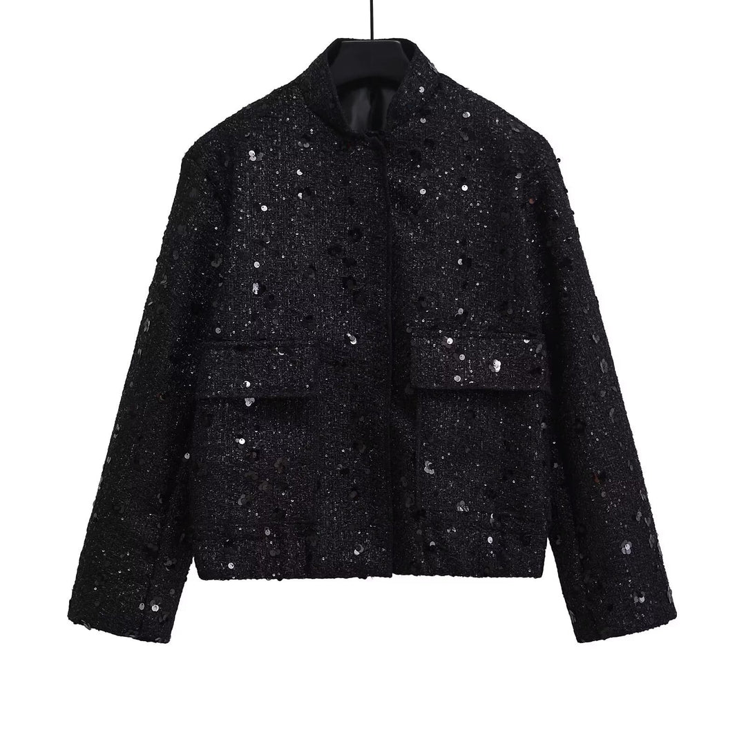 Damen verzierte Bouclé-Bomberjacke mit Pailletten und Strass Shop Nory
