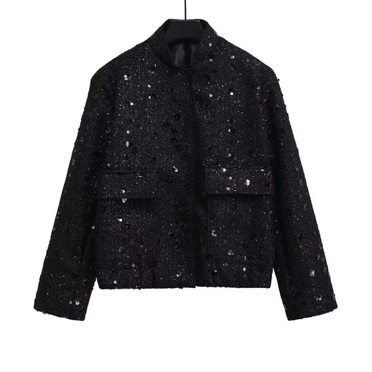 Damen verzierte Bouclé-Bomberjacke mit Pailletten und Strass Shop Nory