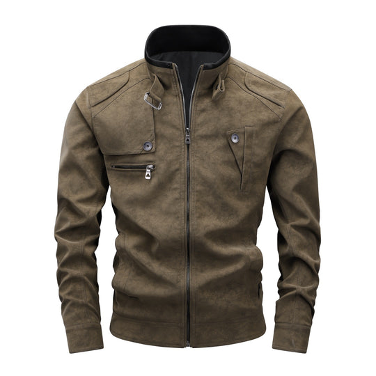 Herren Slim-Fit Biker-Bomberjacke aus Wildlederimitat mit Stehkragen und Zierknöpfen Shop Nory
