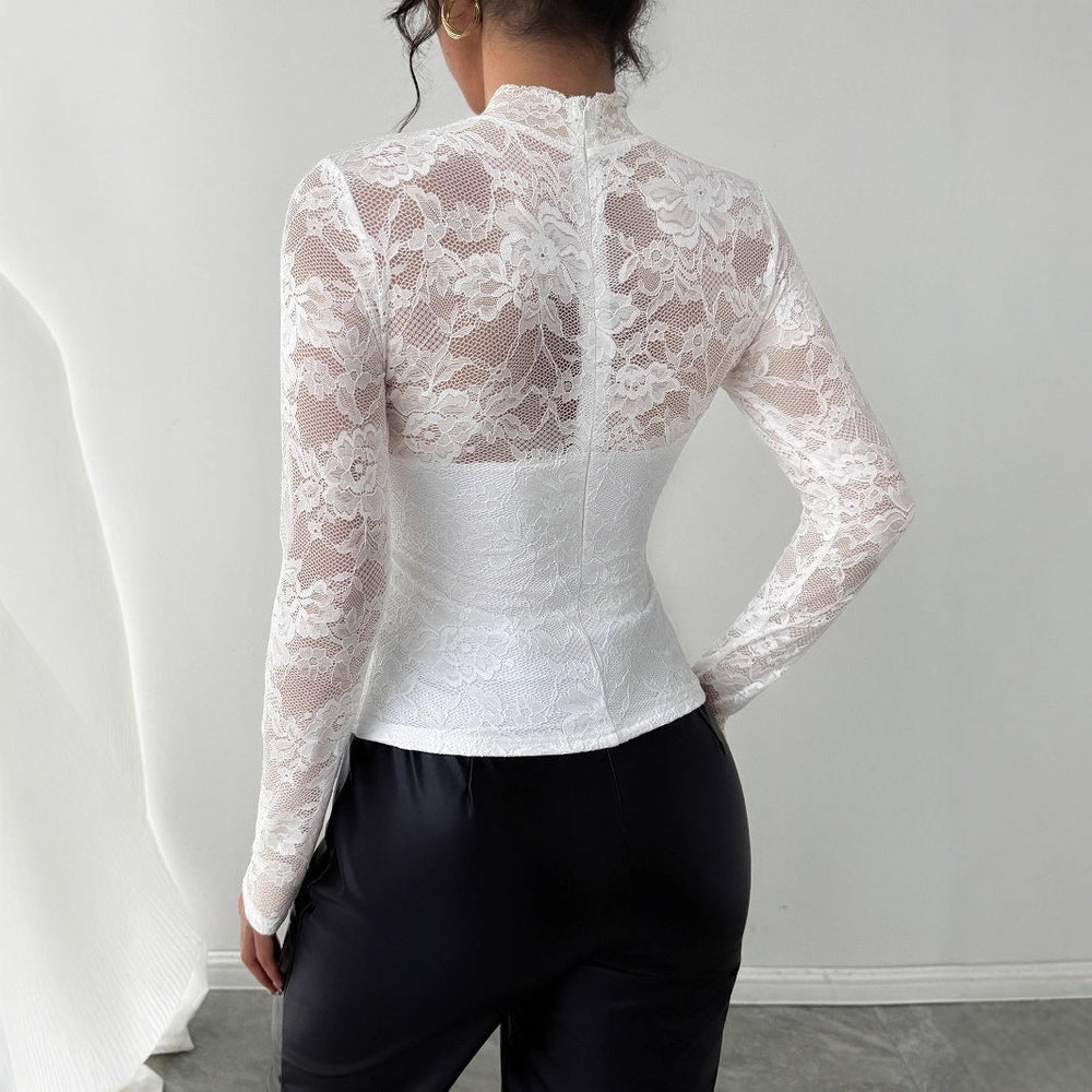 Damen Elegantes Spitzenoberteil mit hochgeschlossenem Kragen und langen Ärmeln