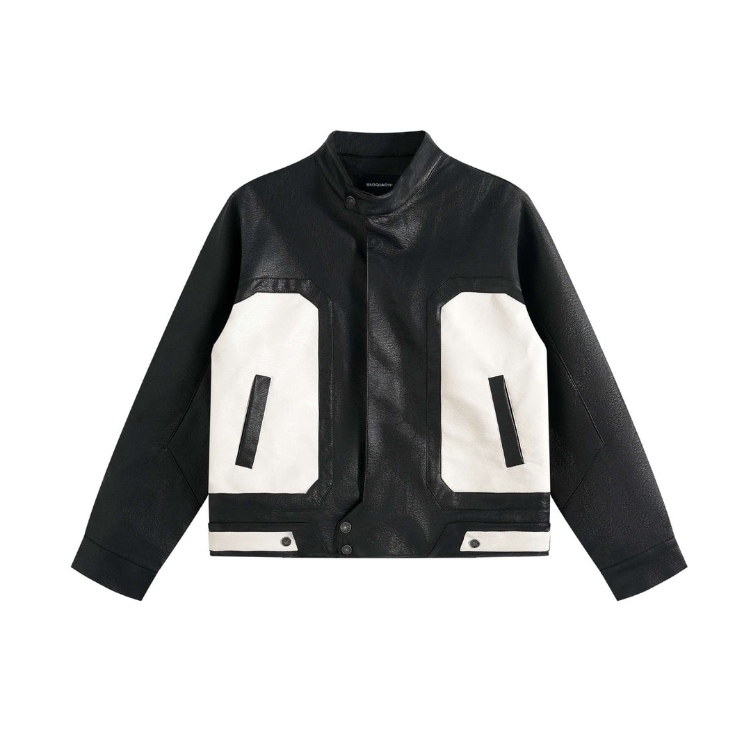 Unisex Boxy-Colorblock-Bomberjacke aus Lederoptik mit hohem Stehkragen Shop Nory