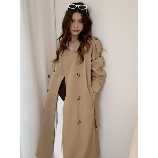 Damen langer doppelreihiger Trenchcoat mit Schulterklappen und Taillengürtel Shop Nory