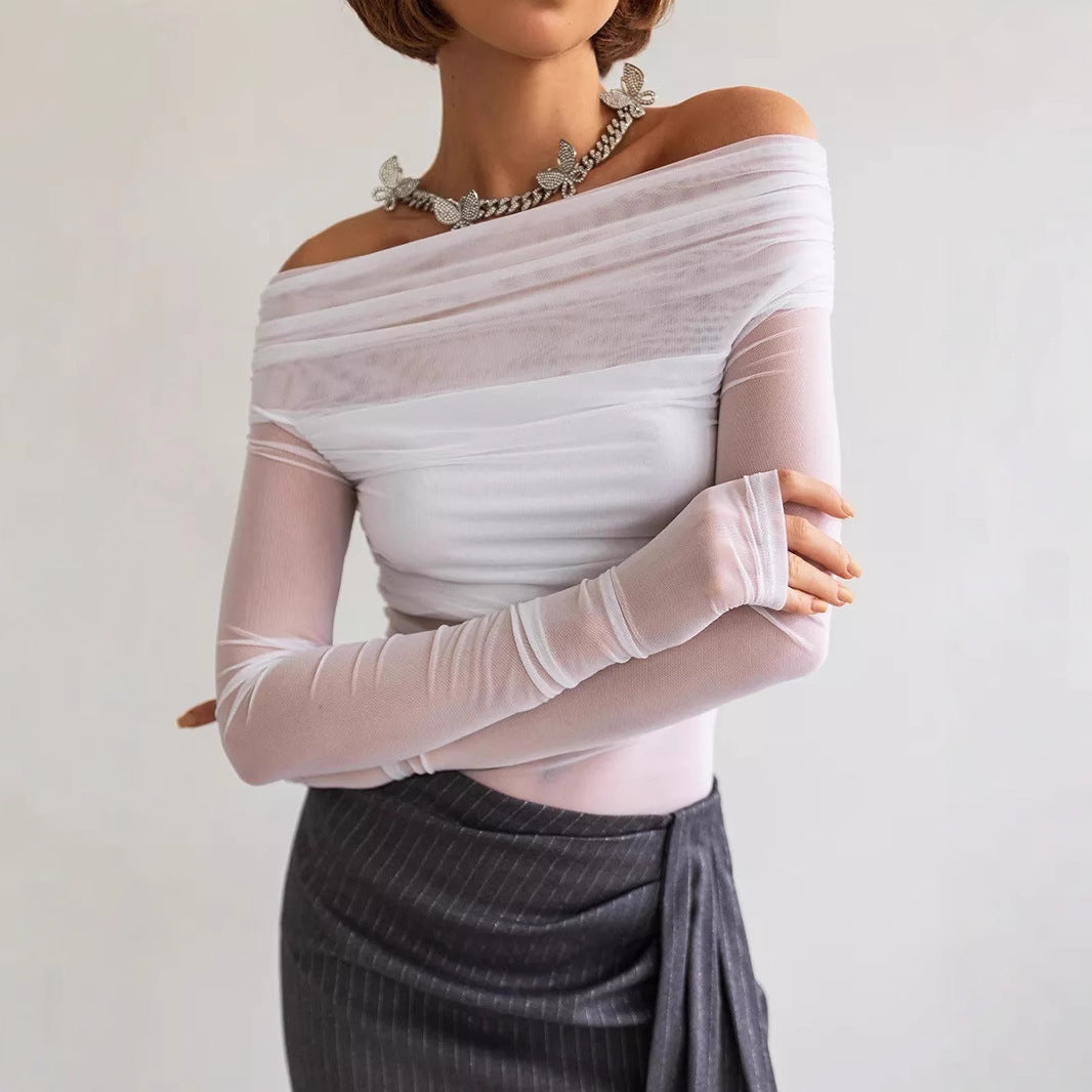 Damen Off-Shoulder Langarmshirt aus leicht transparentem Stoff mit raffiniertem Drapierungseffekt