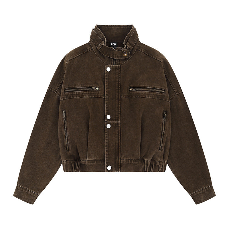 Damen Cropped Utility-Bomberjacke mit Stehkragen, Reißverschlusstaschen und Elastbund Shop Nory
