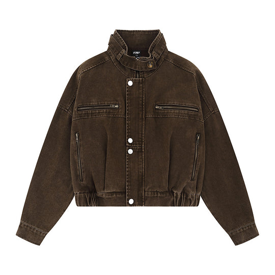 Damen Cropped Utility-Bomberjacke mit Stehkragen, Reißverschlusstaschen und Elastbund Shop Nory