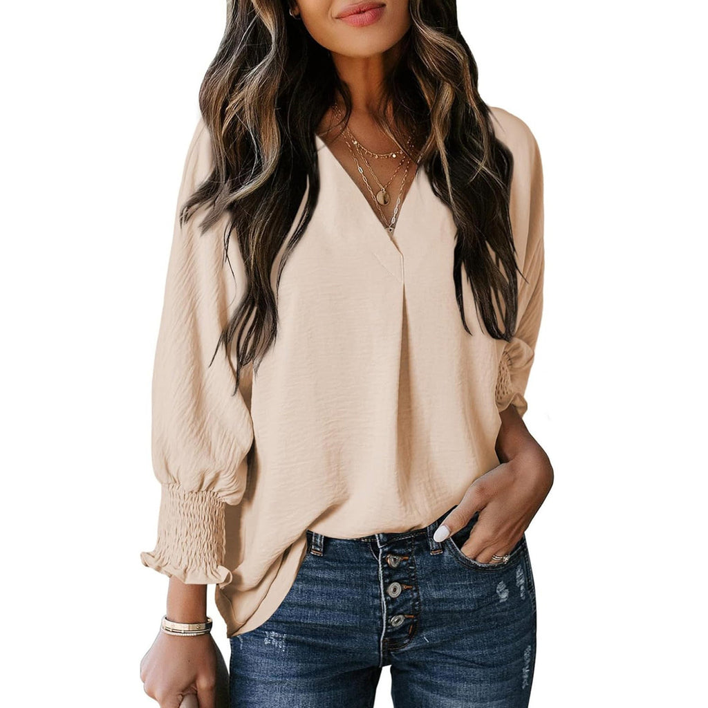 Damen V-Ausschnitt Bluse mit lässigen Ballonärmeln und Rüschendetails
