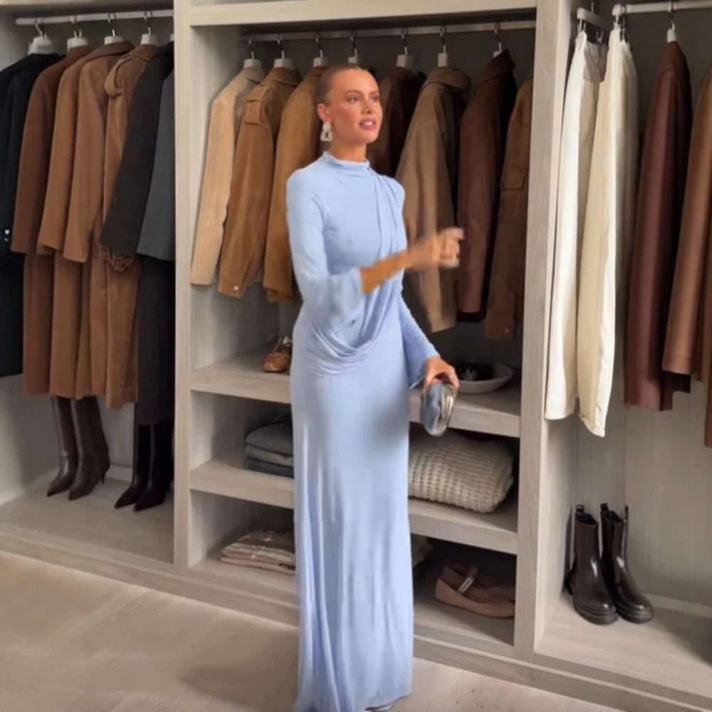 Damen Maxikleid mit Drapierter Front, Stehkragen und Glockenärmeln Shop Nory