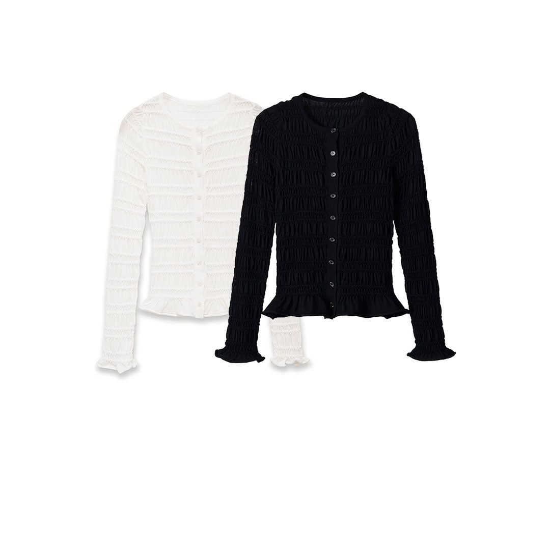 Damen Gesmoktes Langarm-Top mit Rüschen-Saum und figurbetonter Passform Shop Nory
