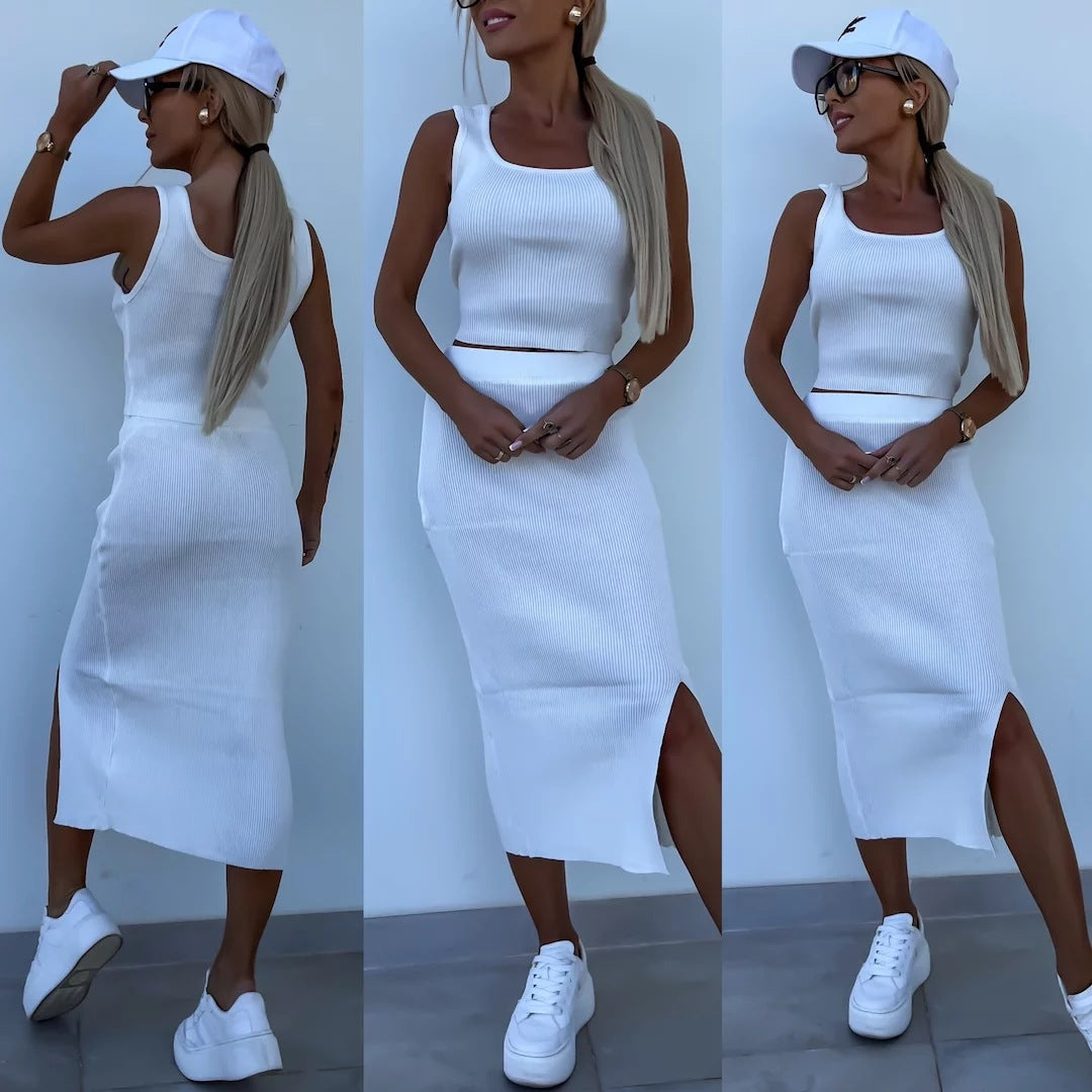 Damen Gemütliches Strick-Set mit schulterfreier Bluse und langer, schmaler Rock Shopnory