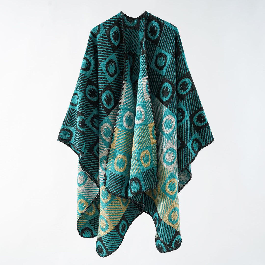 Damen Jacquard-Wickelponcho aus feinem Strick mit grafischem Kreis-Jacquard und offener Kimono-Silhouette Shop Nory