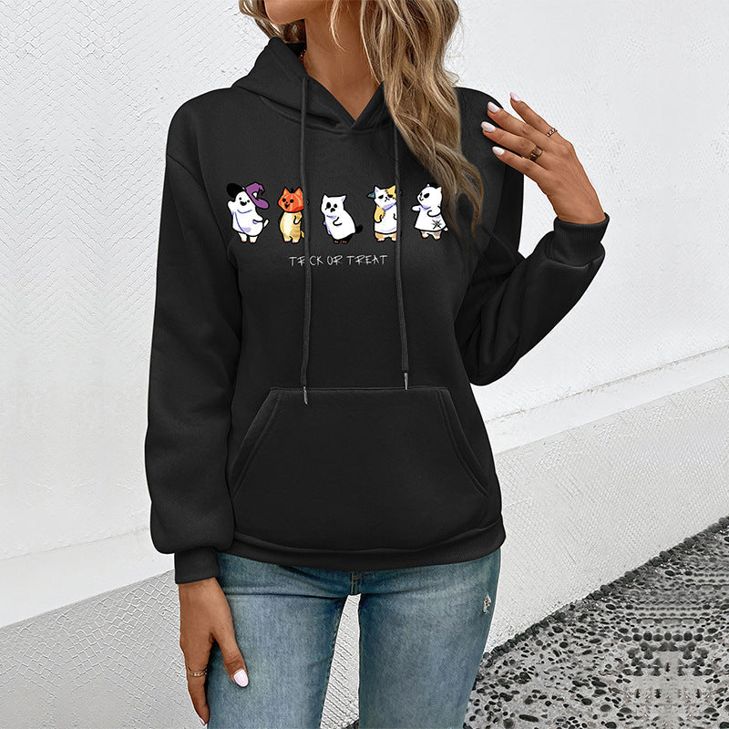 Damen Kapuzenpullover mit Cartoon-Katzen-Motiv, Kängurutasche und weichem Futter Shop Nory