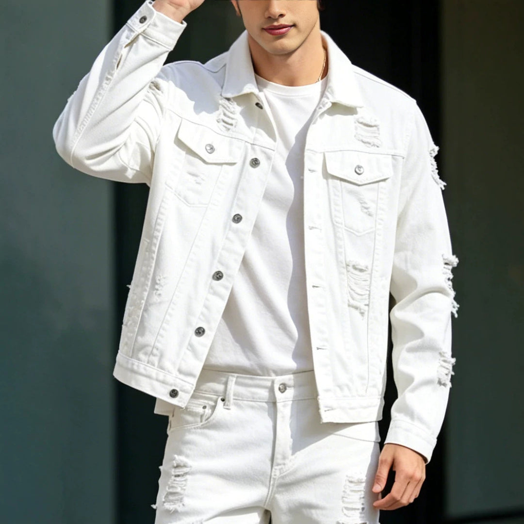 Herren Modische Jeansjacke mit Zerrissenen Details Shop Nory