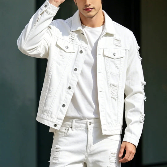 Herren Modische Jeansjacke mit Zerrissenen Details Shop Nory