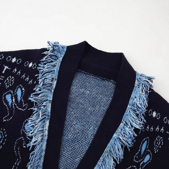 Damen Fransen-Kimono-Cardigan mit Paisley-Jacquard und Bindegürtel Shop Nory