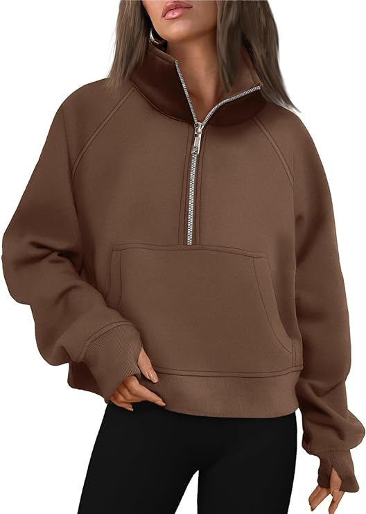 Damen nan cropped Halbzip-Sweatshirt mit hohem Stehkragen, Kängurutasche und überschnittener Schulter Shop Nory