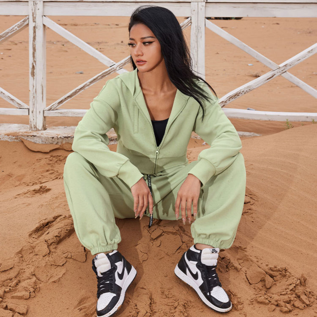 Damen Zweiteiliges Cropped Reißverschluss-Hoodie mit elastischer High-Waist Jogginghose Shop Nory