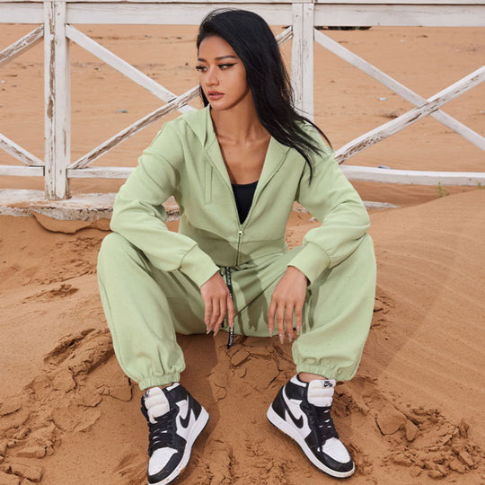 Damen Zweiteiliges Cropped Reißverschluss-Hoodie mit elastischer High-Waist Jogginghose Shop Nory