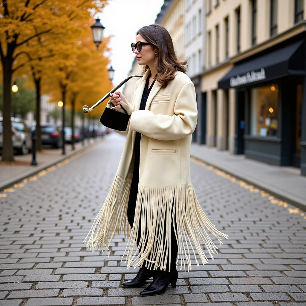 Damen Langmantel mit langem Fransen‑Saum, kastiger Oversize‑Silhouette und Reverskragen Shop Nory