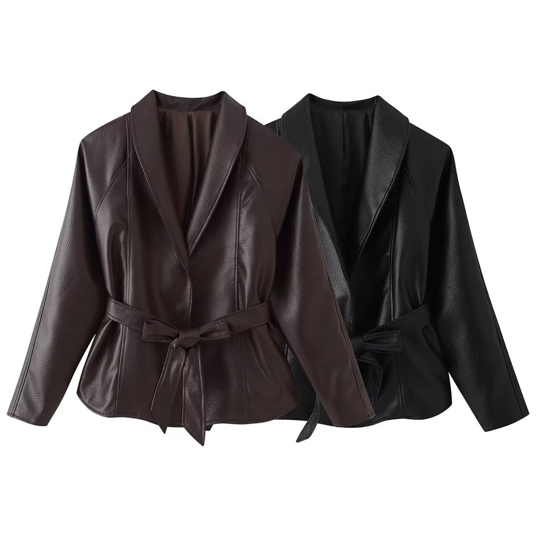 Damen Kurzblazer aus veganem Leder mit Schalkragen und Taillenbindegürtel Shop Nory