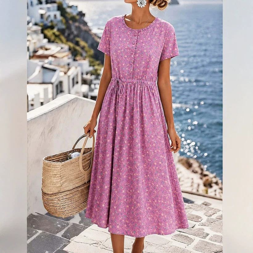 Damen Midikleid mit floralem Alloverprint, Tunnelzugtaillenband und Knopfleiste Shop Nory