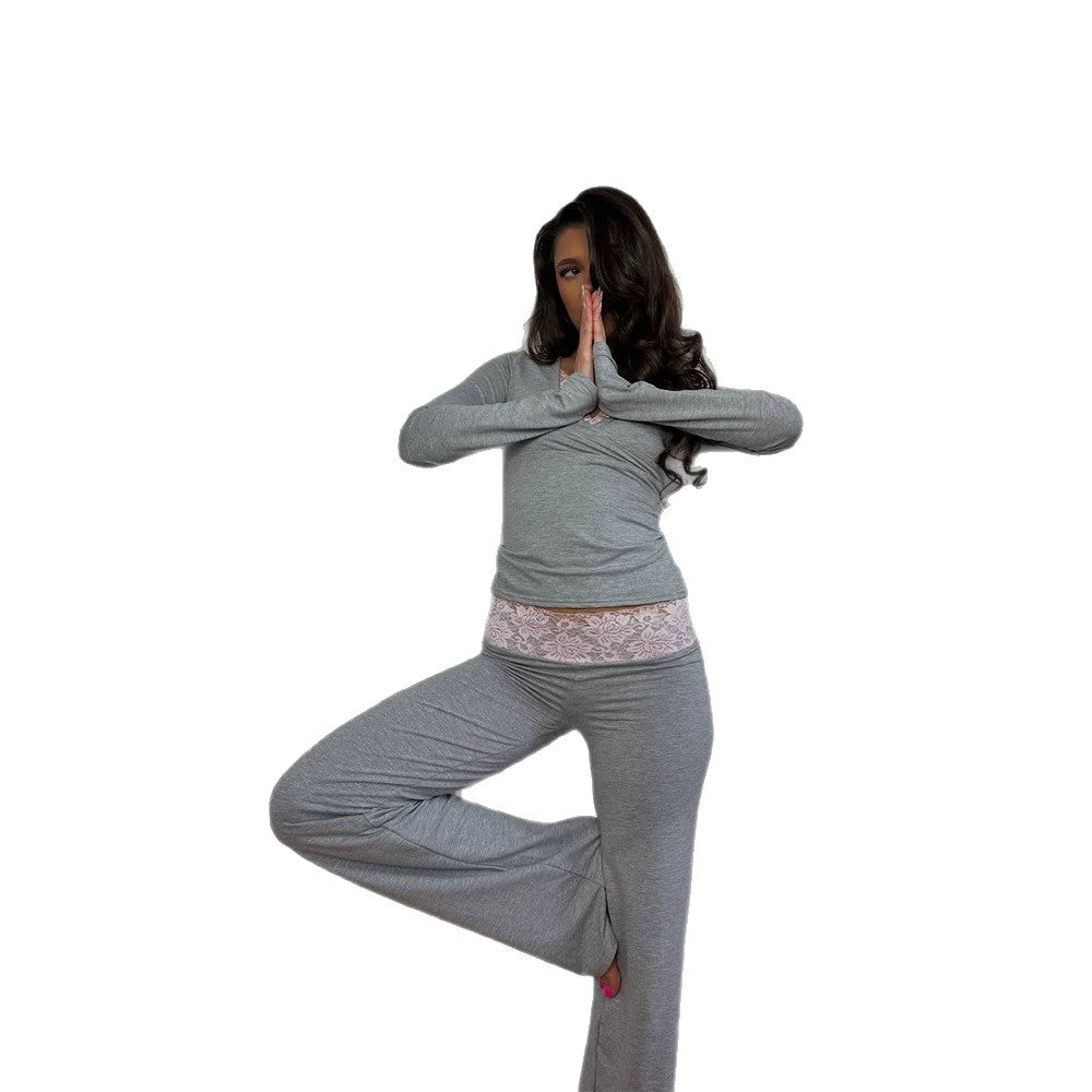 Damen Figurbetontes Lounge-Set mit Spitzendetail, High‑Waist Leggings & Crop-Top Shop Nory