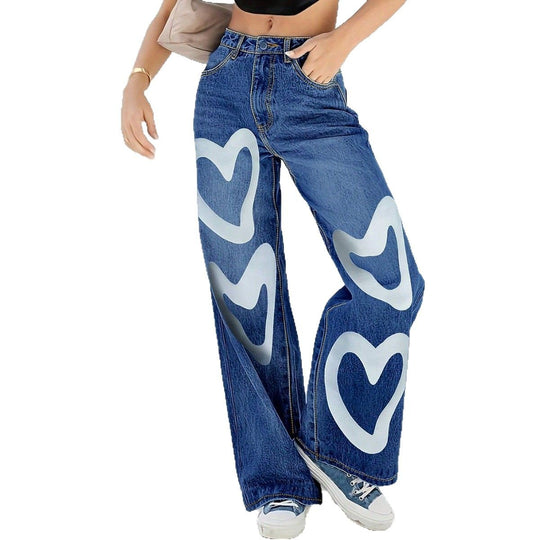 Damen High-Waist Wide-Leg-Jeanshose mit großflächigem Herz-Print Shop Nory
