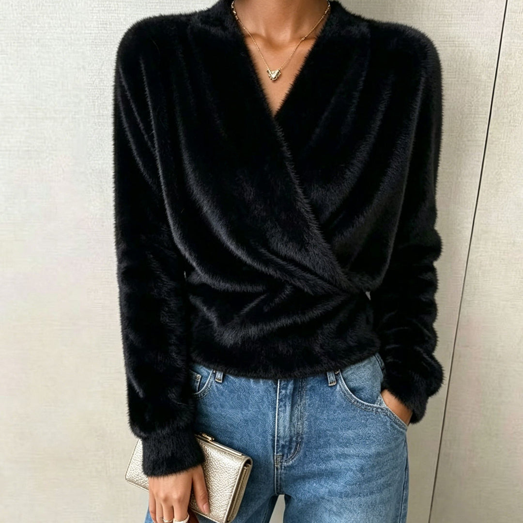 Damen Kuscheliger Wickel‑Pullover aus Faux‑Fur mit tiefem V‑Ausschnitt Shop Nory