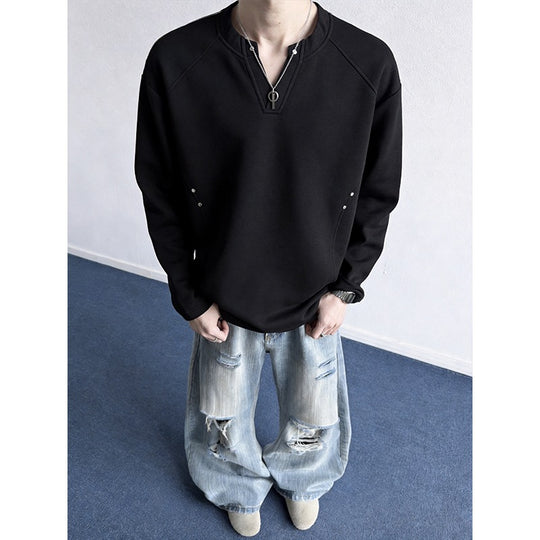 Herren Oversize-Sweatshirt mit V‑Schlitz, Raglanärmeln und Nieten-Details Shop Nory