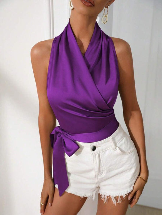 Damen Wickel-Top mit tailliertem Satinband