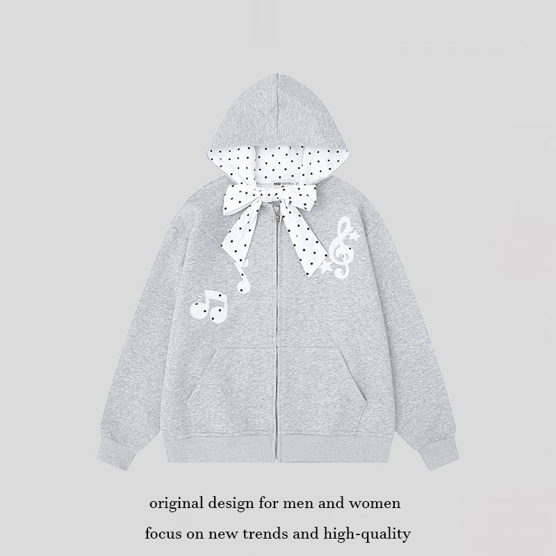 Damen Kapuzensweatjacke mit gepünktetem Kapuzenfutter, dekorativer Schleife und Notenmotiv Shop Nory