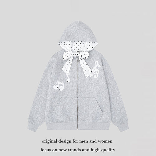 Damen Kapuzensweatjacke mit gepünktetem Kapuzenfutter, dekorativer Schleife und Notenmotiv Shop Nory