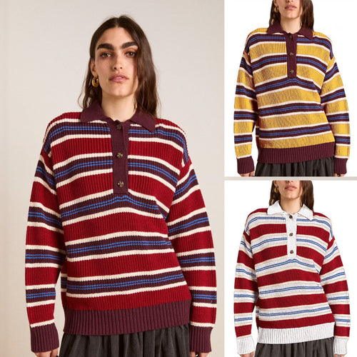 Damen Oversize Strickpullover mit Polokragen & mehrlagigem Streifenrelief Shop Nory