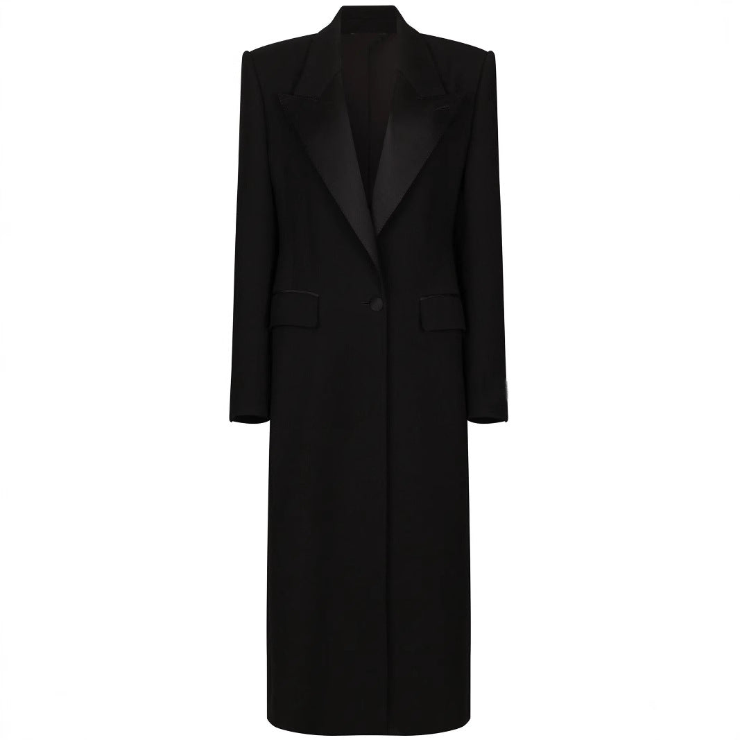 Damen Eleganter Smoking-Hosenanzug mit langem Mantel und weiten Bundfaltenhosen Shop Nory