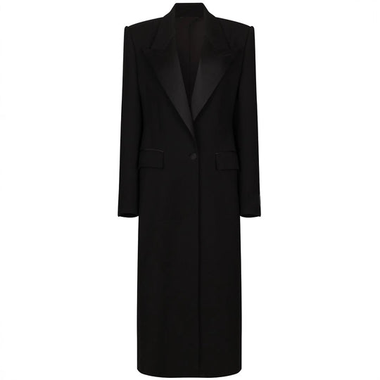 Damen Eleganter Smoking-Hosenanzug mit langem Mantel und weiten Bundfaltenhosen Shop Nory