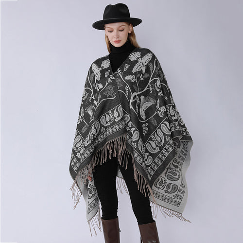 Damen Jacquard-Poncho im Oversize-Kaftan mit floraler und Vogelornamentik Shop Nory
