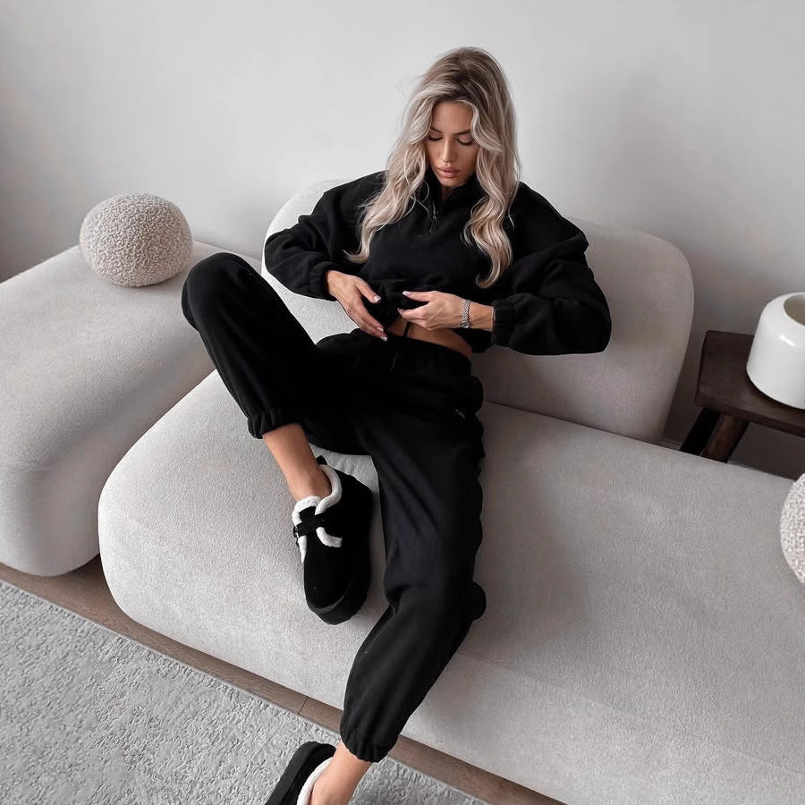 Damen Ultraweiches Fleece-Relaxset mit Stehkragen, halbem Reißverschluss und elastischer Schlupfhose Shop Nory