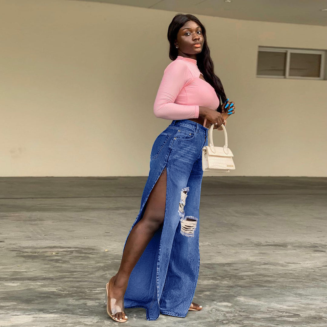 Damen Hochtaillierte Wide-Leg-Jeanshose mit Knie-Rissen und seitlichen Schlitzen Shop Nory