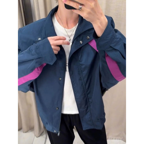 Damen Leichte Oversize Windjacke mit hohem Stehkragen und Kontraststreifen Shop Nory
