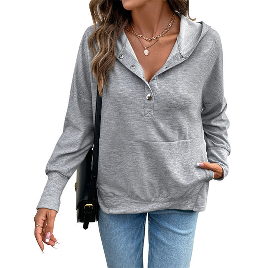 Damen lässiger Waffel-Kapuzenpullover mit Henley-Knopfleiste und Kängurutasche Shop Nory