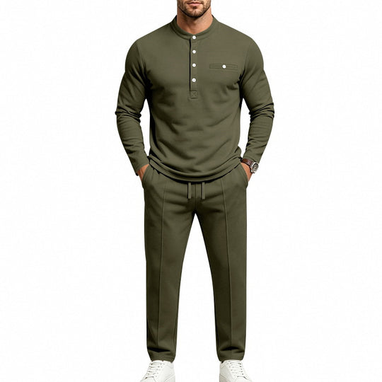 Herren Zweiteiliges Freizeitset mit Henley-Langarmshirt, Stehkragen und Komfort-Jogginghose Shop Nory