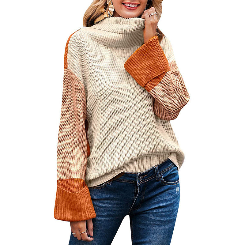 Damen nan lockerer Rollkragenpullover mit Colourblock-Ärmeln und weitem Trompetenärmel Shop Nory