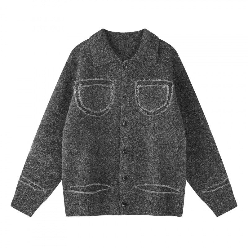 Unisex Oversize Strickjacke im Hemdjacken-Look mit Kragen, aufgesetzten Brusttaschen und Fransenbesatz Shop Nory