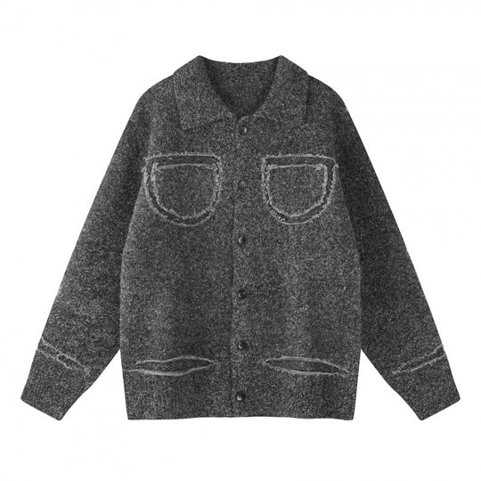 Unisex Oversize Strickjacke im Hemdjacken-Look mit Kragen, aufgesetzten Brusttaschen und Fransenbesatz Shop Nory