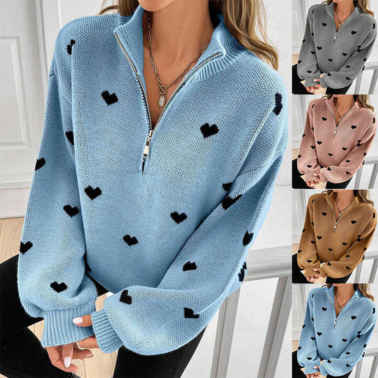 Damen Oversize Strickpullover mit Half-Zip und Herzmotiv Shop Nory