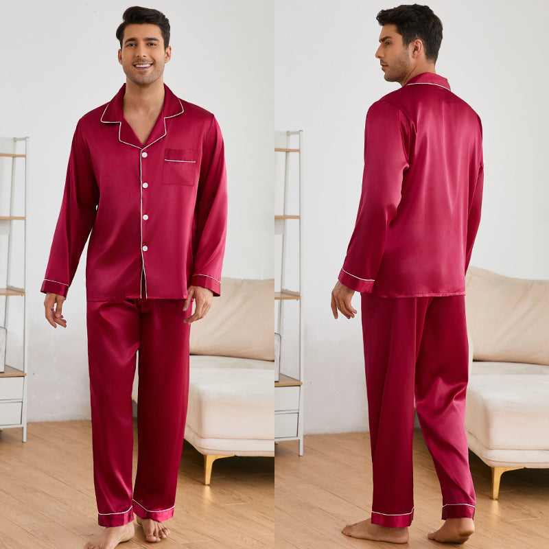 Herren Satin Schlafanzug-Set mit klassischem Kragen und eleganten Kontrastnähten