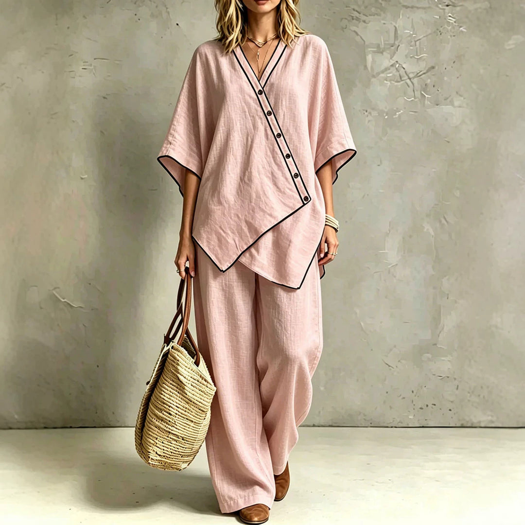 Damen Asymmetrisches Tunika-Loungewear-Set mit diagonaler Knopfleiste und weiter Palazzohose Shop Nory