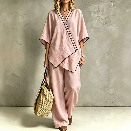 Damen Asymmetrisches Tunika-Loungewear-Set mit diagonaler Knopfleiste und weiter Palazzohose Shop Nory