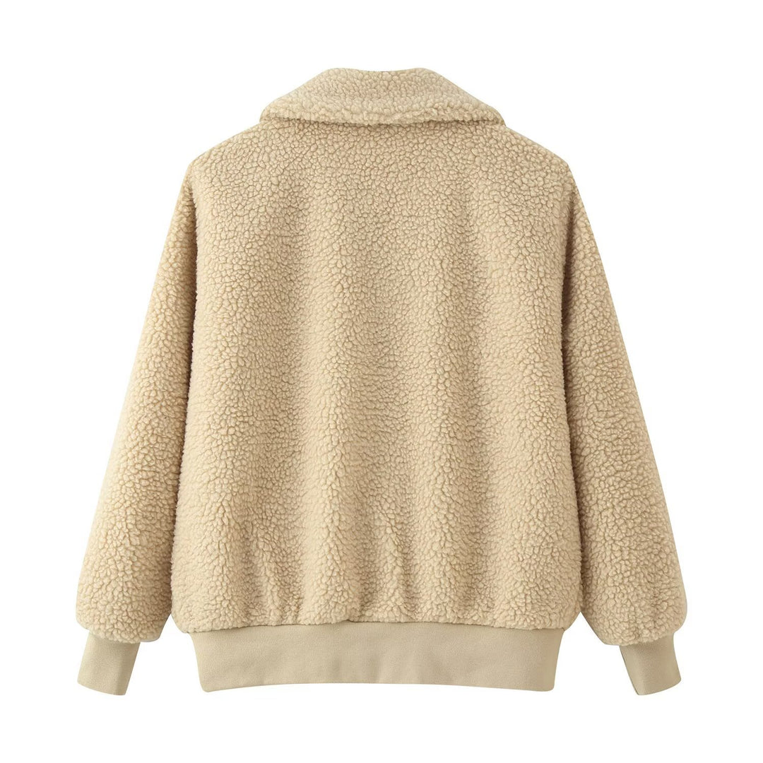 Damen Oversized Teddyjacke mit Reißverschluss, Kragen und aufgesetzten Taschen Shop Nory